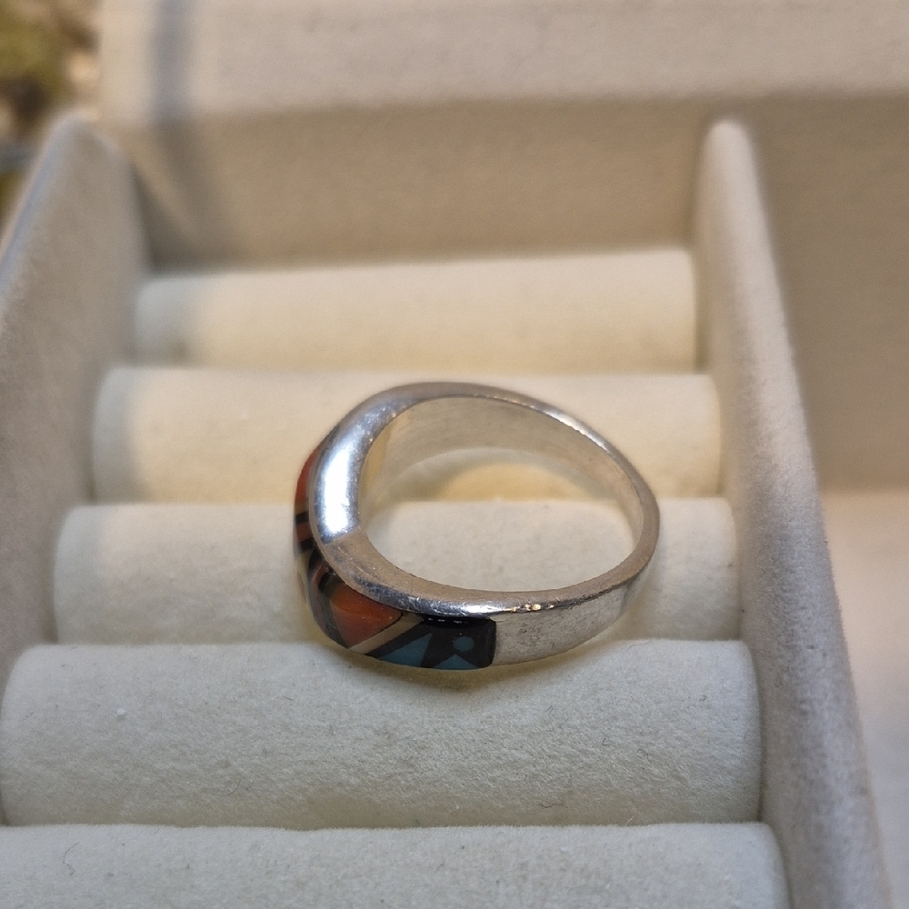 Native American Zuni Artisan Sterling Silver Gemstone Inlay Ring - Picture 5 of 10